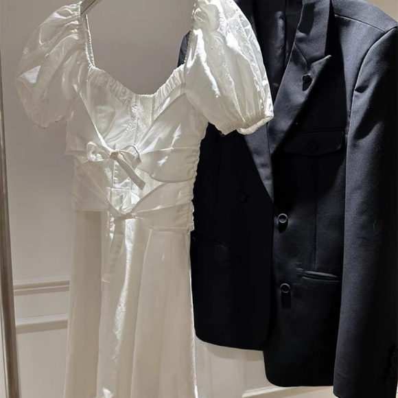 White Lace Puff Sleeve Mini Dress - Picture 2 of 9